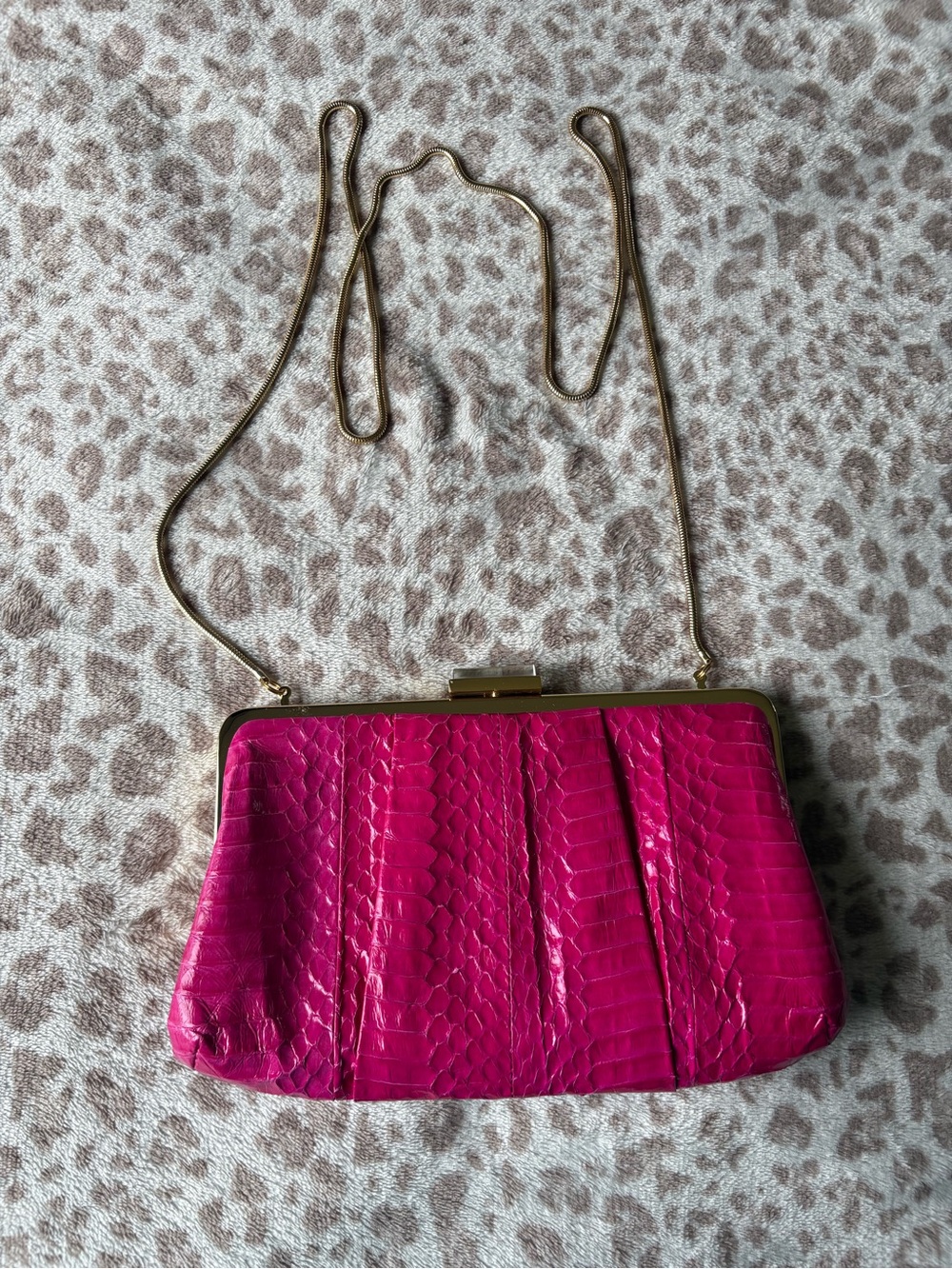 Fuchsia Croc-Textured Frame Clutch with Gold Chain
